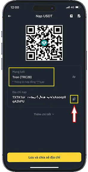 Bước 5: Màn hình hiển thị địa chỉ nạp tương ứng với mạng lưới đã chọn. Ấn copy địa chỉ